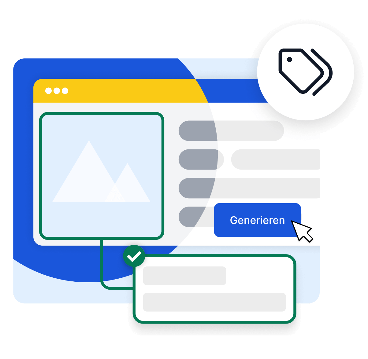Bedienoberfläche von easyAlt im SiteCockpit-Dashboard: Bild hochladen, Alt-Text automatisch generieren lassen und mit grünem Häkchen bestätigen