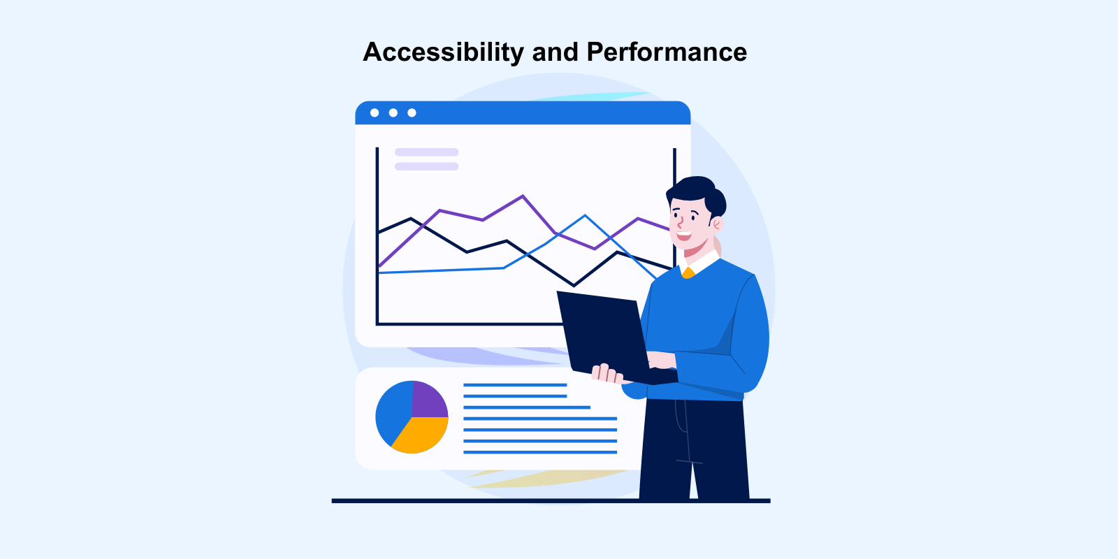 Illustration of a person with a laptop in front of a browser window displaying performance charts and analysis data on accessibility and performance.